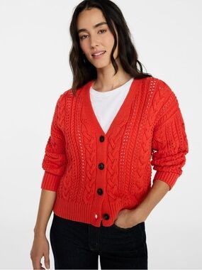 Time and Tru Cable Knit V-Neck Button Front Sweater Cardigan - Red Orange